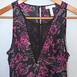 Leith | Floral Rose Sleeveless Blouse with Sheer Deep Inset V-neck | Size Small